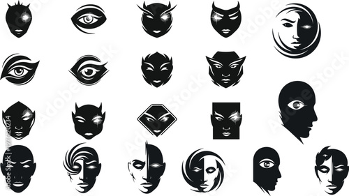 Mystery and Abstract Face Icon Set with Eyes, Masks, and Silhouettes for Artistic, Futuristic, and Fantasy Designs
