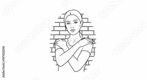Woman with arms crossed in front of brick wall, line art