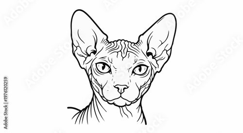 A detailed line drawing of a Sphynx cat's face with large ears and wrinkled skin