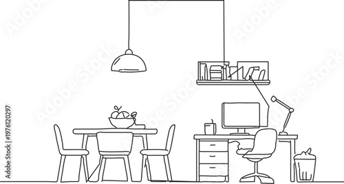 Minimalist one line continuous drawing of a cozy living room interior with armchair, floor lamp, bookshelf, coffee table and potted plant. Modern home decor concept in simple linear style.