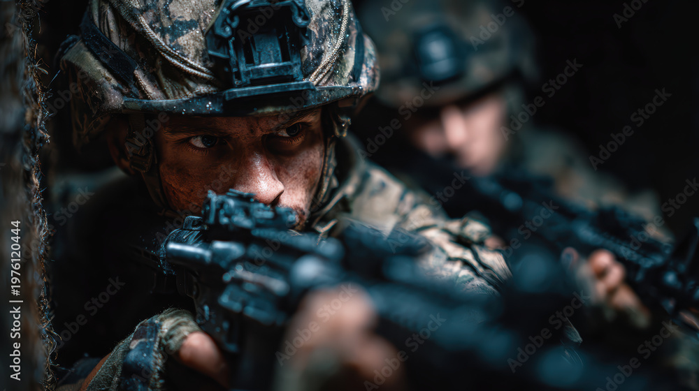 Fototapeta premium Focused military soldier aiming an assault rifle during intense combat with an allied troop standing in dark background