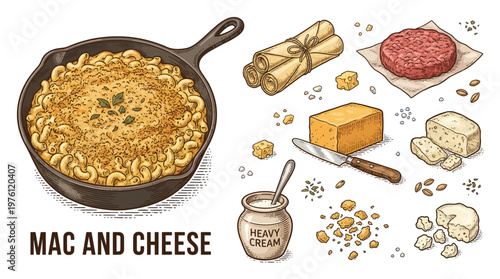 Vintage Hand Drawn Vector Illustration of Baked Mac and Cheese in a Skillet with Various Ingredients Like Cheddar, Heavy Cream, and Pasta