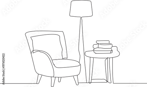 Minimalist one line continuous drawing of a cozy living room interior with armchair, floor lamp, bookshelf, coffee table and potted plant. Modern home decor concept in simple linear style.