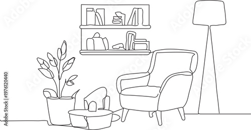 Minimalist one line continuous drawing of a cozy living room interior with armchair, floor lamp, bookshelf, coffee table and potted plant. Modern home decor concept in simple linear style.