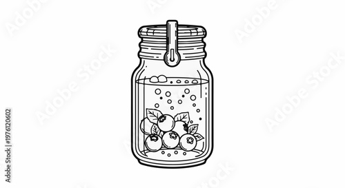 A black and white illustration of blueberries in a jar with a lid