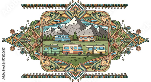 Colorful ornamental village scene illustration.