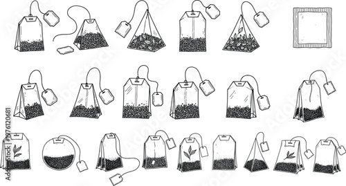 Tea Bag and Herbal Infusion Icon Set with Tea Leaves, Steeping, and Packaging Symbols for Beverage, Wellness, and Organic Designs