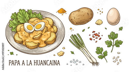 Vector Illustration of Papa a la Huancaina Traditional Peruvian Appetizer with Ingredients on Black Background