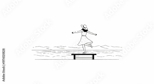 A person in a dress and hat dances joyfully on a pier overlooking waves