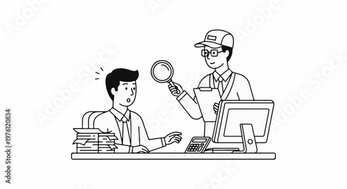 Two men in an office setting, one being scrutinized by another with a magnifying glass