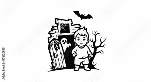 A cartoon child looks frightened outside a spooky haunted house with a bat
