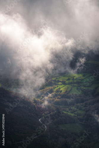 Fields and forests illuminated by a ray of sunlight piercing through banks of fog
