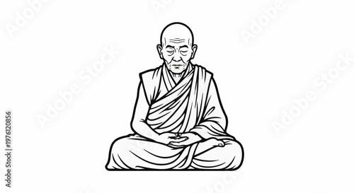 A monochrome drawing depicts a bald man in robes meditating cross-legged
