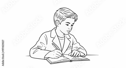 Young boy in a blazer diligently writing in an open book with a pen