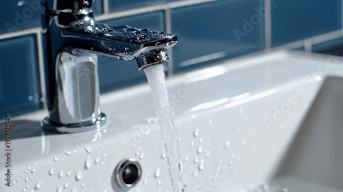 A close-up shot showcases a chrome faucet dispensing a stream of clear water into a white sink against a backdrop of blue tiled walls.