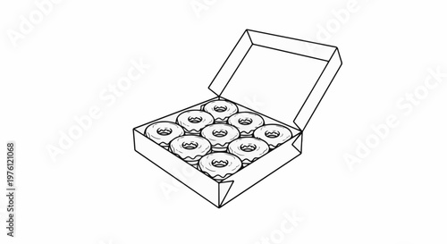 A box of nine glazed donuts with a simple outline drawing
