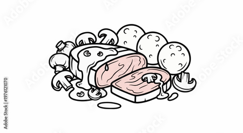Whimsical cartoon illustration of sliced meat with sauce, mushrooms, and round buns