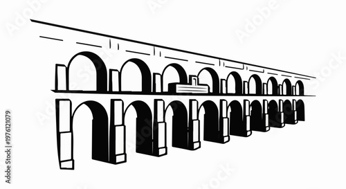 Stylized black and white illustration of a multi-tiered ancient aqueduct