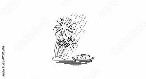 Tropical downpour with palm trees and a house boat