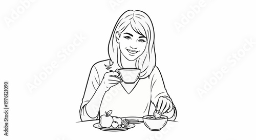 Woman enjoying a morning coffee with a healthy breakfast of fruit and cereal