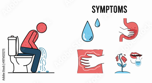 A graphic depicting symptoms person on toilet, stomach ache, dehydration, wilting plant