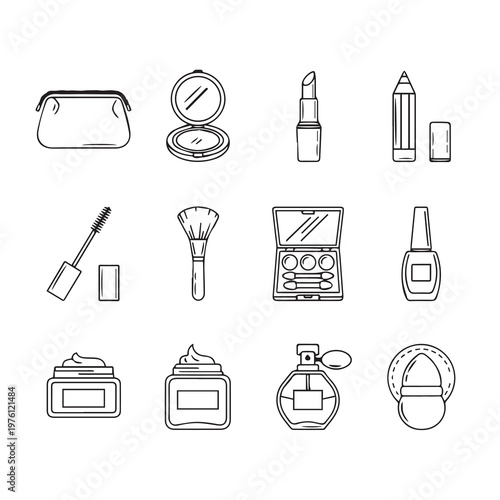 Cosmetic product icons in a minimalist line art style for beauty branding and advertising