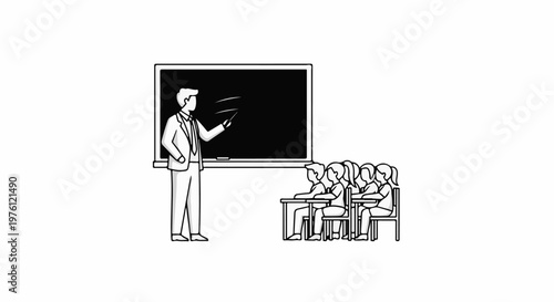 Teacher instructs students at desks in front of a blackboard