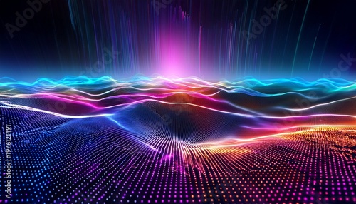 Abstract Neon Digital Landscape With Glowing Colorful Dots Flowing Waves Of Light And Vibrant Hues