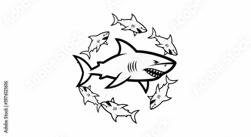 A central shark is surrounded by smaller sharks in a circular arrangement