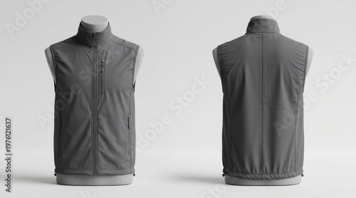 Two gray vests displayed on mannequins from front and back views