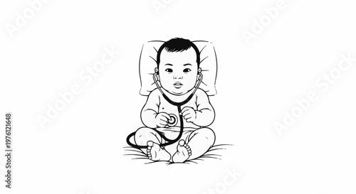 Infant dressed as doctor with stethoscope on pillow