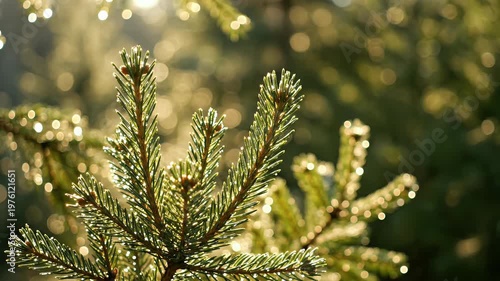 A close-up shot showcases the intricate details of a vibrant green pine branch bathed in soft, diffused sunlight, creating a serene and natural atmosphere.
