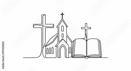Single line drawing of a church with crosses and an open book