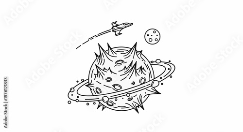 Space scene with a rocket ship flying past a ringed planet and moon