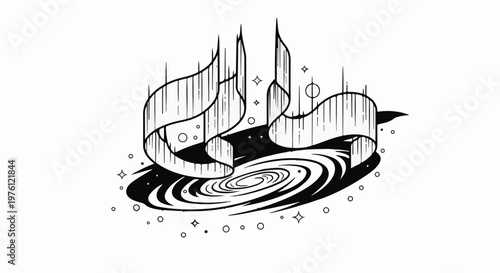 Stylized aurora borealis above a swirling galaxy