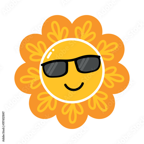 Cute smiling sun with sunglasses icon. Cartoon summer sun illustration with happy face