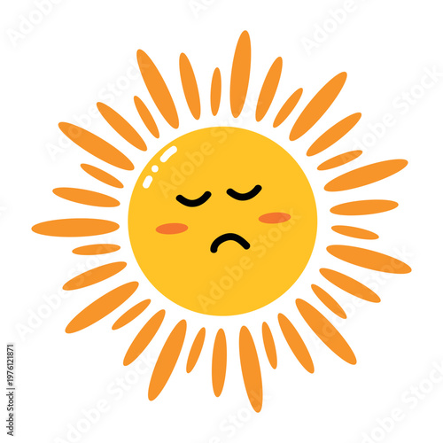 Cute tired sun illustration with closed eyes and long rays sad face yellow summer icon isolated on background simple cartoon design