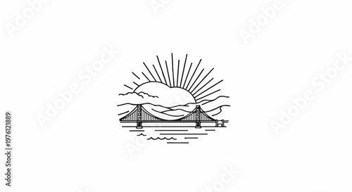 Stylized illustration of a suspension bridge with a radiant sun behind it
