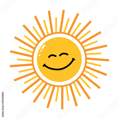 Smiling sun illustration with radiant rays and happy face bright yellow summer icon isolated on background simple cartoon design
