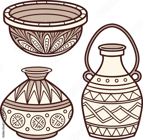 Traditional pottery vector set with decorative bowl, rounded pot and tall jug featuring geometric ceramic patterns