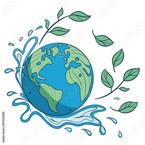 Minimalist hand drawn earth globe with splashing blue water and floating leaves on white background for environmental awareness and protection design.