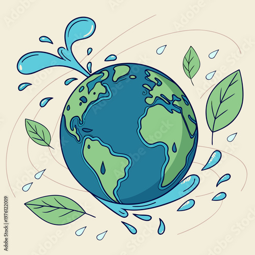 Cartoon earth globe illustration with splashing water and floating green leaves symbolizing environmental conservation and natural resource protection.