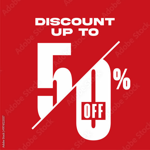 White 50 percent discount text and price tag icon on a red background