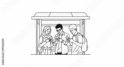 Three young people at a bus stop look at their smartphones