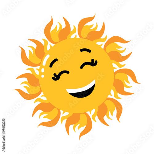 Cartoon sun with flame shaped rays and smile. Cheerful summer sun icon with cute expression