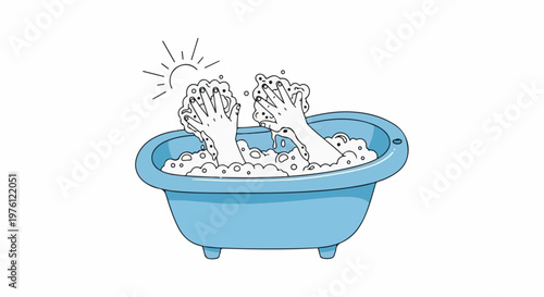 Two hands covered in soap bubbles emerge from a blue bathtub with sun