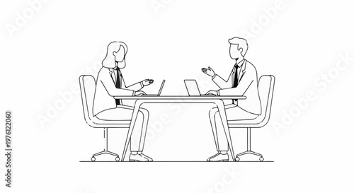 Two professionals in suits sit at a table with laptops, discussing work
