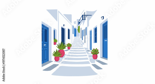 White and blue village alleyway with steps and potted plants