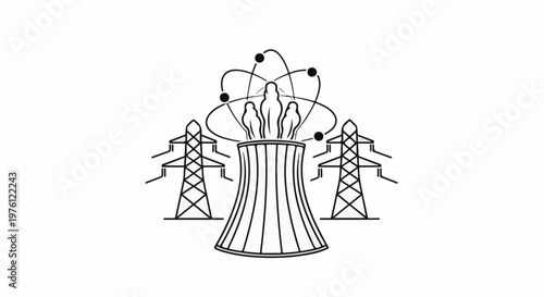 Stylized nuclear power plant with cooling tower and atom symbol