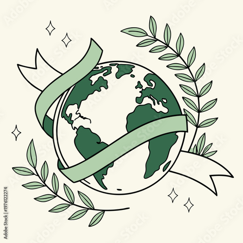 Earth globe with a draping green ribbon and leaves, accompanied by stars, representing environmental conservation.